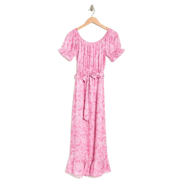 NWOT NSR Off-Shoulder Puff Sleeve Midi Dress In Pink Printed Paisley • Size S - Picture 1 of 3